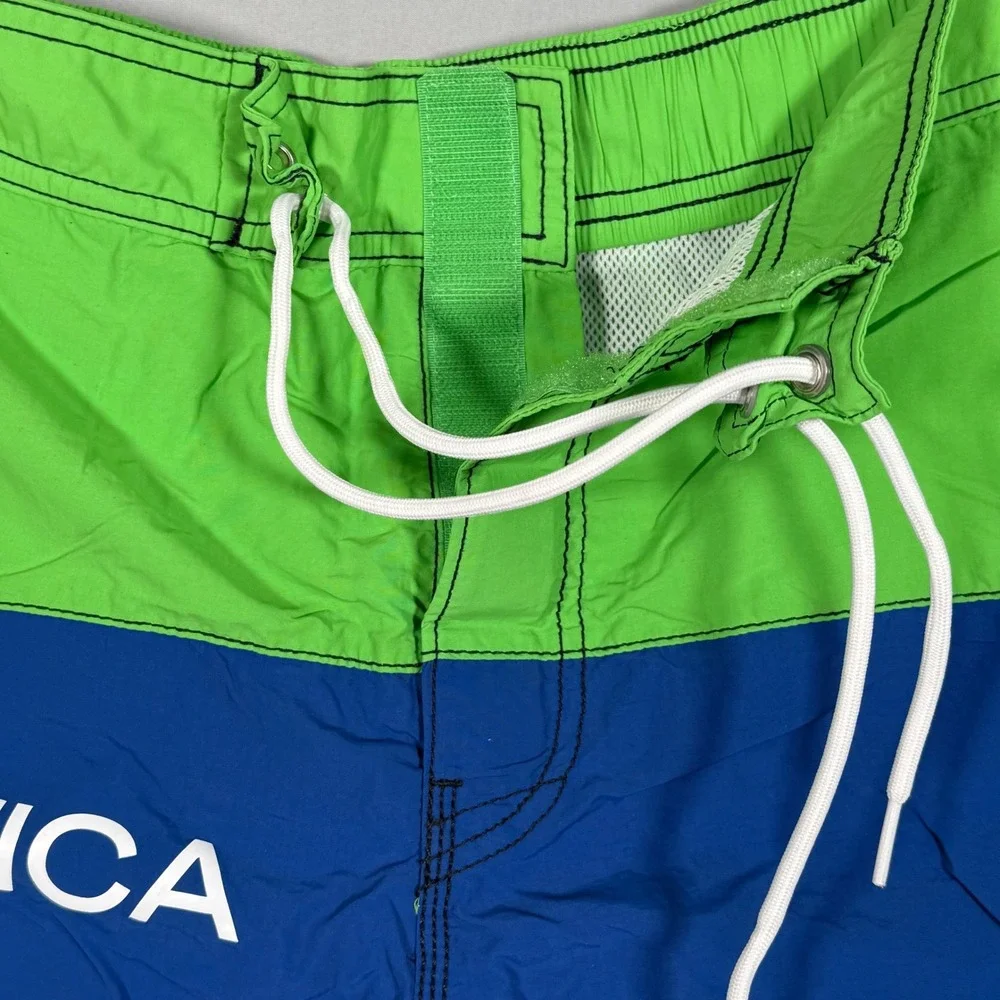 Nautica Mens Colorblock‎ Swim Trunks Green Blue White Logo Mesh Lined Medium